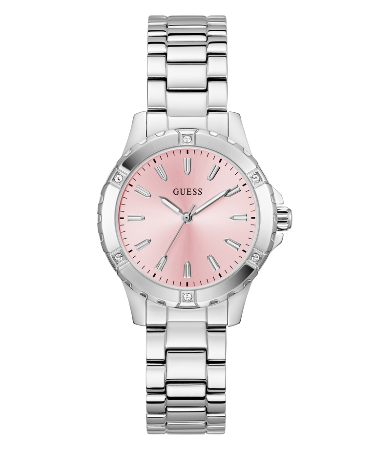 Silver watch with a pink face on a white background