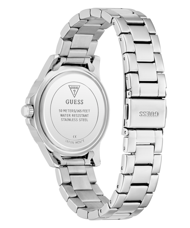 Silver Guess watch with metal bracelet on a white background