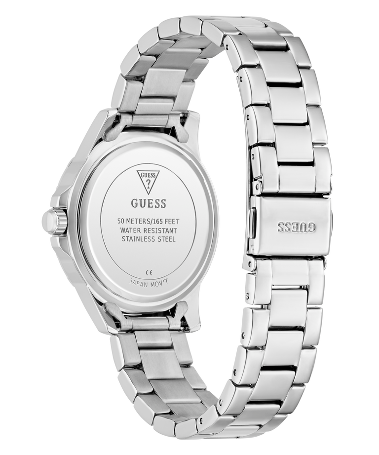 Silver Guess watch with metal bracelet on a white background