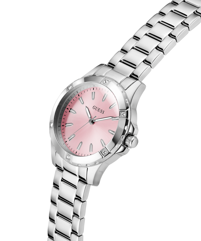 Silver watch with pink face on a white background lifestyle