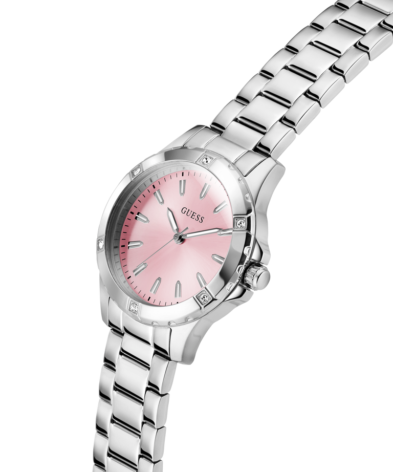 Silver watch with pink face on a white background lifestyle
