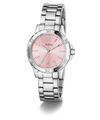 Silver watch with a pink face on a white background