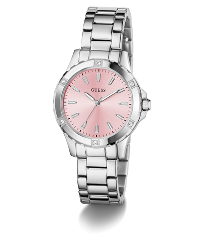 Silver watch with a pink face on a white background