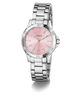 Silver watch with a pink face on a white background
