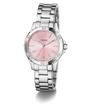 Silver watch with a pink face on a white background