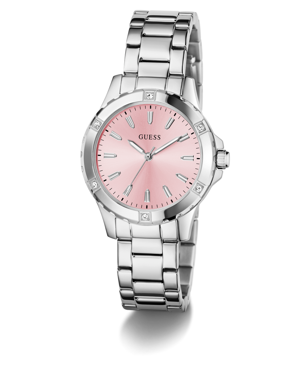 Silver watch with a pink face on a white background