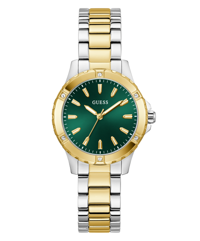 Two-tone gold and silver watch with green dial on a white background