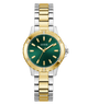 Two-tone gold and silver watch with green dial on a white background