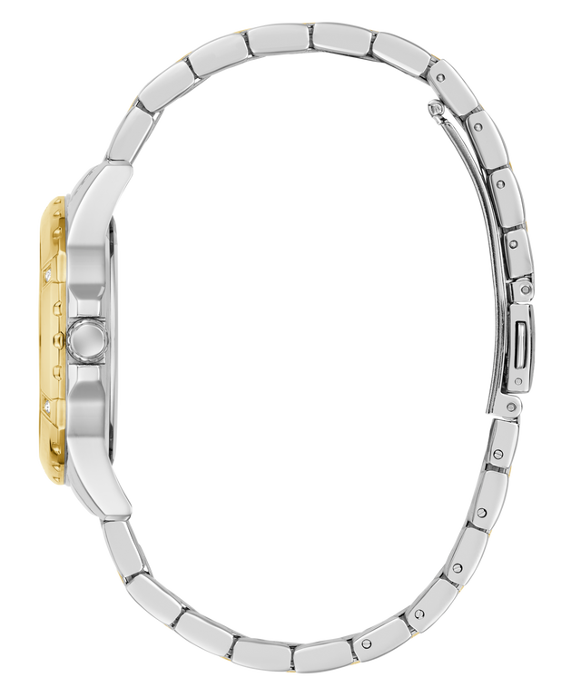 Close-up of a silver watch with a gold accent on a white background