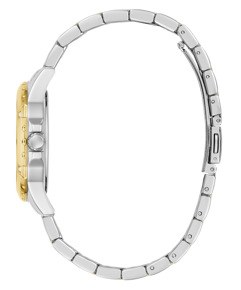 Close-up of a silver watch with a gold accent on a white background