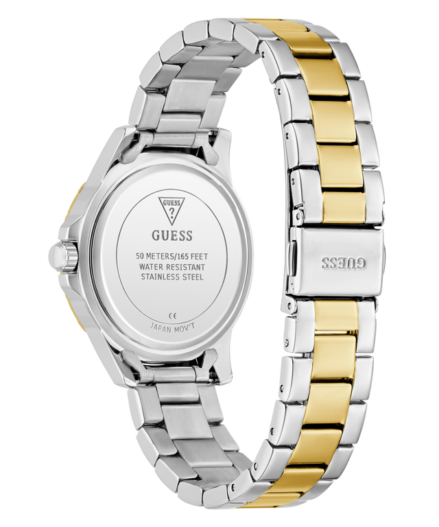 Two-tone silver and gold watch with visible brand logo on a white background