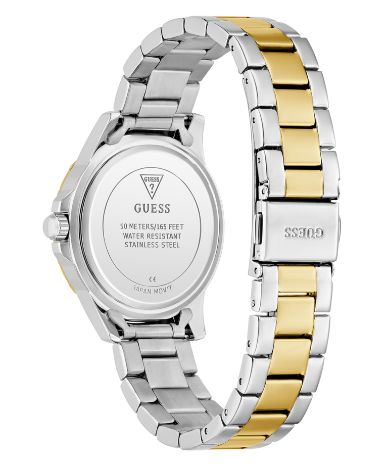 Two-tone silver and gold watch with visible brand logo on a white background