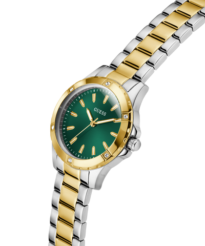 GUESS Ladies 2-Tone Analog Watch with green dial on a white background lifestyle