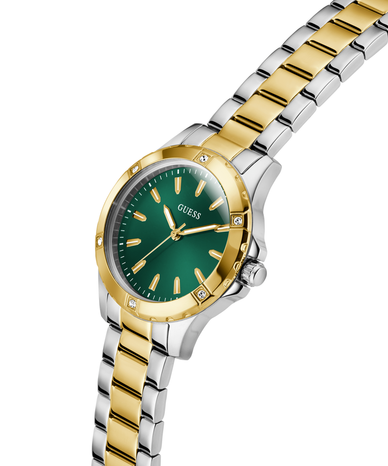 GUESS Ladies 2-Tone Analog Watch with green dial on a white background lifestyle