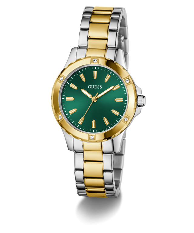 Two-tone gold and silver watch with green dial on a white background