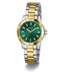 Two-tone gold and silver watch with green dial on a white background