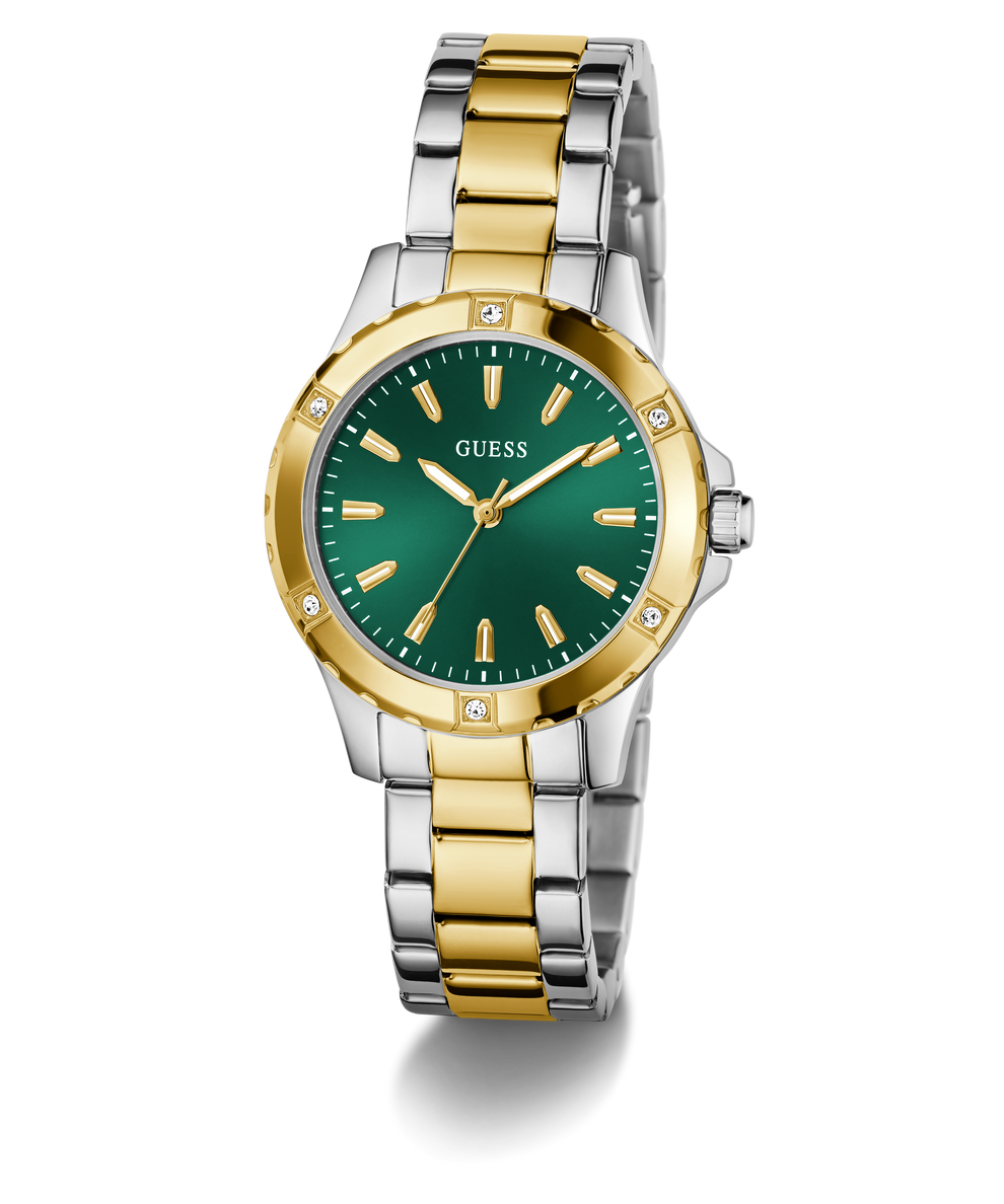Two-tone gold and silver watch with green dial on a white background