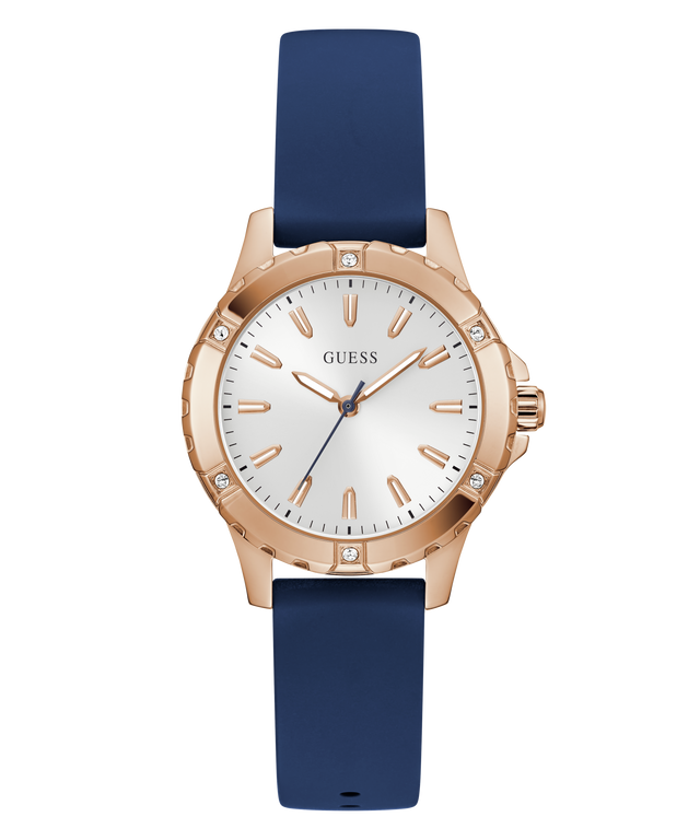 GUESS Ladies Blue Rose Gold Tone Analog Watch with rose gold case, white dial, and blue strap on a white background