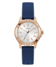 GUESS Ladies Blue Rose Gold Tone Analog Watch with rose gold case, white dial, and blue strap on a white background