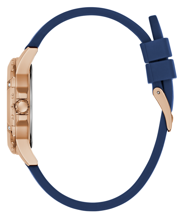 GUESS Ladies Blue Rose Gold Tone Analog Watch with a blue strap and gold case on a white background