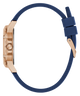 GUESS Ladies Blue Rose Gold Tone Analog Watch with a blue strap and gold case on a white background