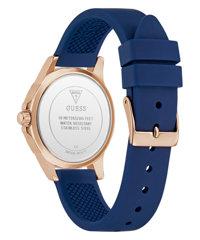 GUESS Ladies Blue Rose Gold Tone Analog Watch with blue strap and rose gold case on white background