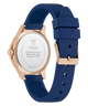 GUESS Ladies Blue Rose Gold Tone Analog Watch with blue strap and rose gold case on white background