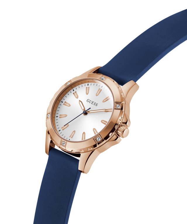 Watch with rose gold case and blue strap on a white background lifestyle