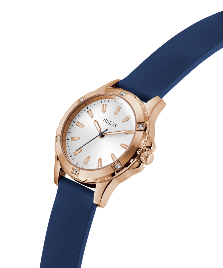 Watch with rose gold case and blue strap on a white background lifestyle
