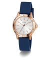 GUESS Ladies Blue Rose Gold Tone Analog Watch with rose gold case, white dial, and blue strap on a white background