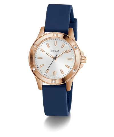 GUESS Ladies Blue Rose Gold Tone Analog Watch with rose gold case, white dial, and blue strap on a white background