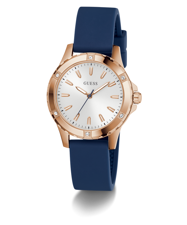 GUESS Ladies Blue Rose Gold Tone Analog Watch with rose gold case, white dial, and blue strap on a white background