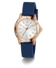 GUESS Ladies Blue Rose Gold Tone Analog Watch with rose gold case, white dial, and blue strap on a white background