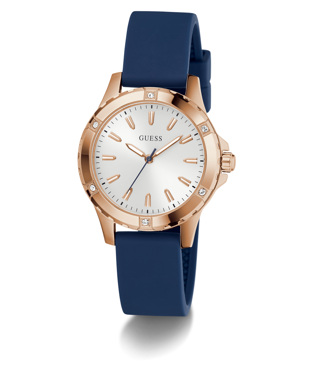 GUESS Ladies Blue Rose Gold Tone Analog Watch with rose gold case, white dial, and blue strap on a white background