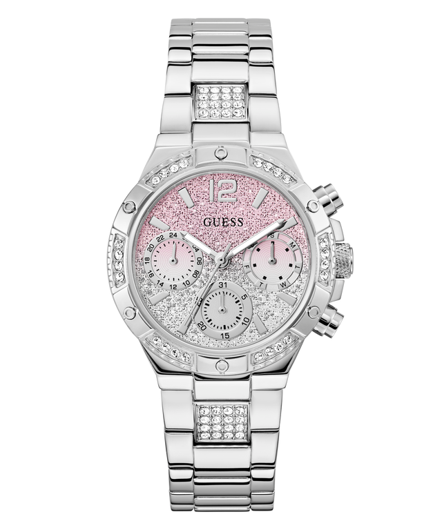 Silver watch GW0950L1 with pink face and gemstone accents on a white background
