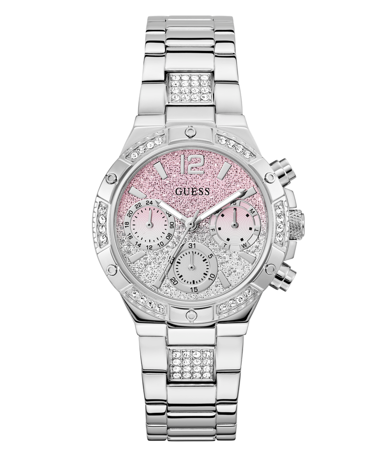 Silver watch GW0950L1 with pink face and gemstone accents on a white background