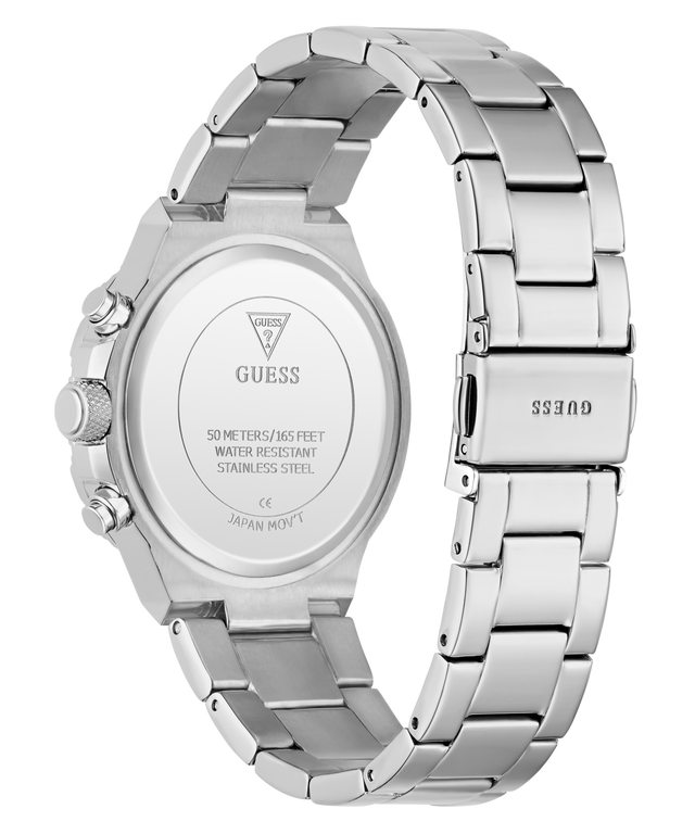 Silver Guess watch with detailed back view on a white background