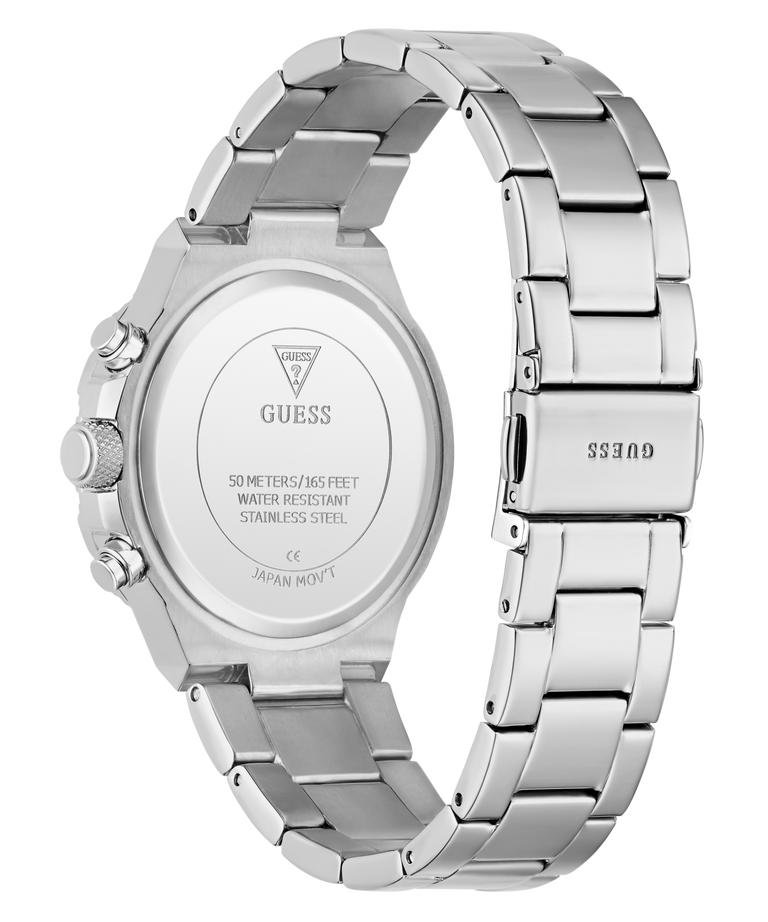 Silver Guess watch with detailed back view on a white background