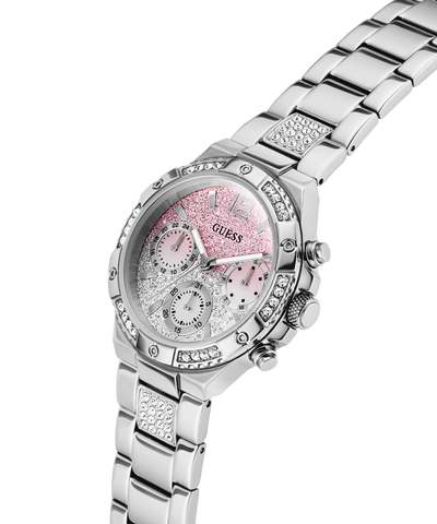 Silver watch GW0950L1 with pink face and Guess logo on a white background lifestyle
