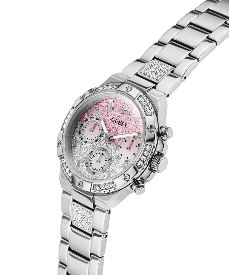 Silver watch GW0950L1 with pink face and Guess logo on a white background lifestyle