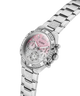 Silver watch GW0950L1 with pink face and Guess logo on a white background lifestyle
