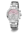 Silver watch with pink face and gemstone accents on a white background GW0950L1