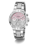 Silver watch with pink face and gemstone accents on a white background GW0950L1