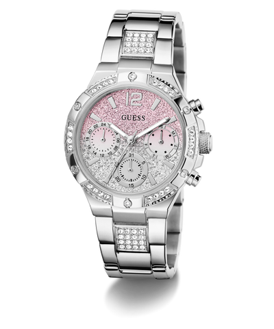 Silver watch with pink face and gemstone accents on a white background GW0950L1