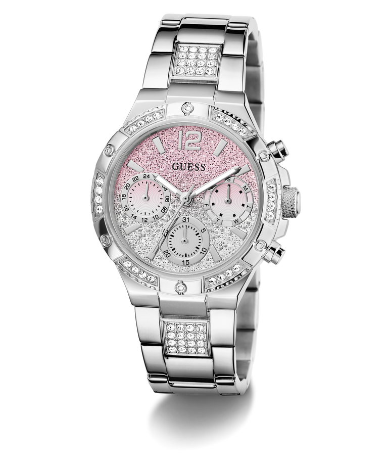 Silver watch with pink face and gemstone accents on a white background GW0950L1