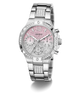 Silver watch with pink face and gemstone accents on a white background GW0950L1
