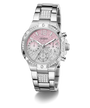 Silver watch with pink face and gemstone accents on a white background GW0950L1