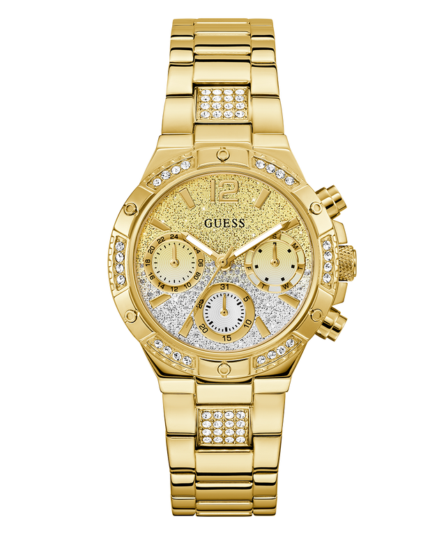 GUESS Ladies Gold Tone Multi-function Watch with diamond accents on a white background