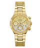 GUESS Ladies Gold Tone Multi-function Watch with diamond accents on a white background