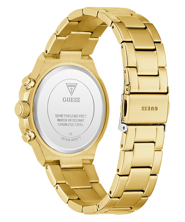 GUESS Ladies Gold Tone Multi-function Watch caseback with visible brand logo on a white background